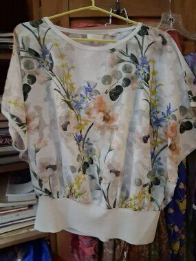 Ted Baker London Short Sleeve Sheer Blouse Floral Satin Top 8